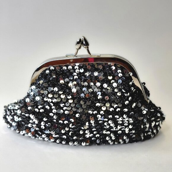 Silver Sequin Clutch Purse Evening Glitter Cocktail Purse Black Crossbody Clutch - Picture 8 of 12